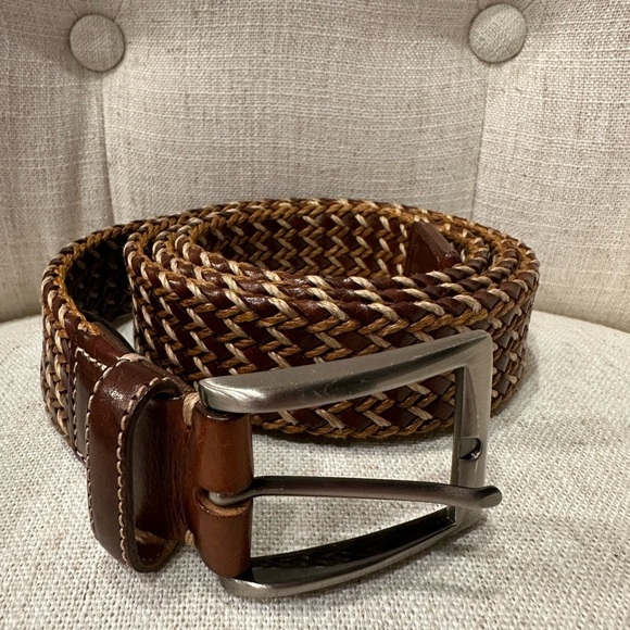 Men Mezlan Italian Leather Belt Braided Weave Brown Men\'s 42 Made in Spain EUC!
